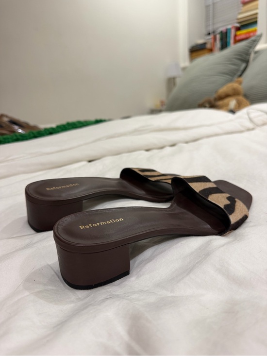 Reformation Shoes - Reformation Brown Leopard Block Heel Slide